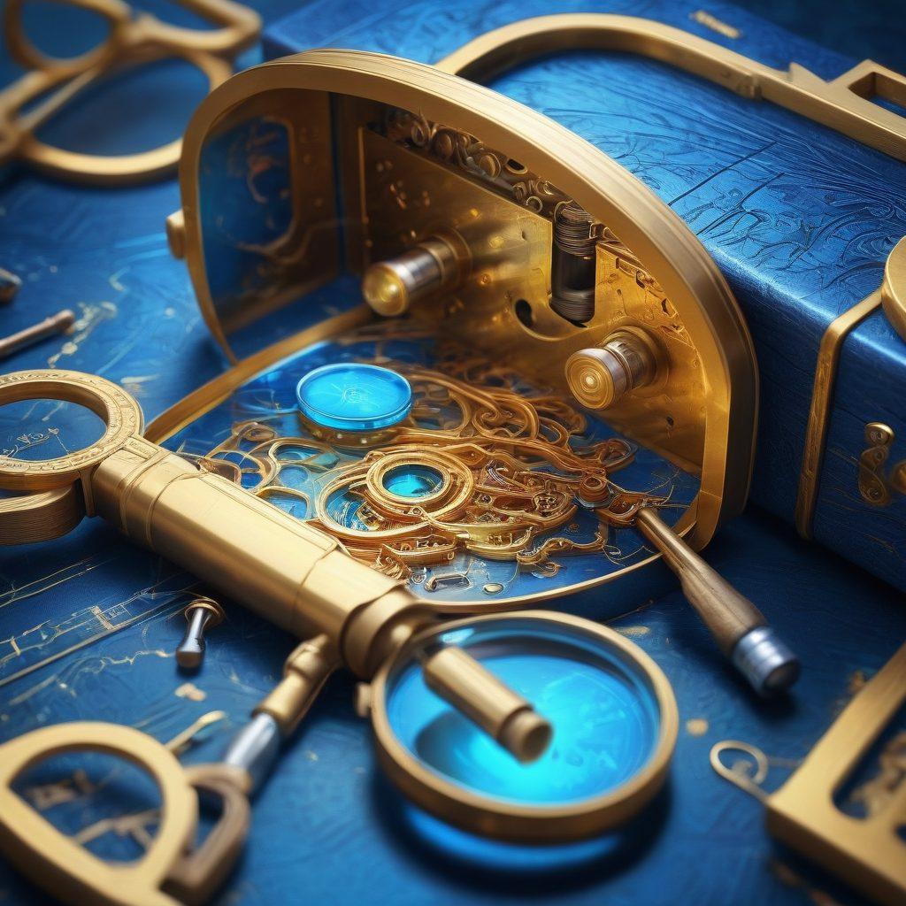 A visually striking lock being opened to reveal glowing secrets inside, surrounded by magnifying glasses and various tools symbolizing discovery and identification. Include flowing data streams and abstract patterns in the background representing insights. The color scheme should be deep blues and golds to create a sense of mystery and intrigue. digital art. vibrant colors. 3D.