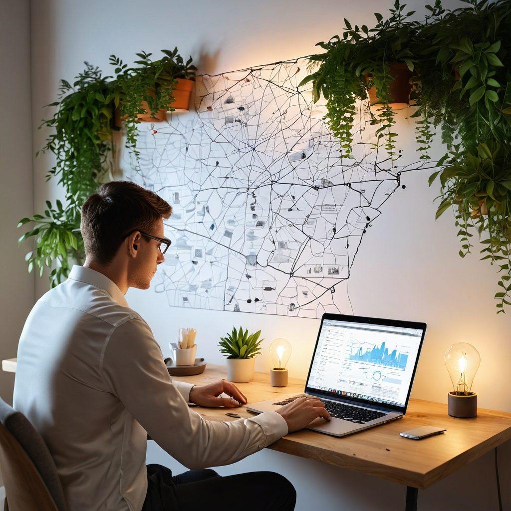 A split scene depicting a person observing various cracks on a wall, while on the other side, they are diligently typing on a laptop, translating observations into solutions. Include vibrant diagrams and charts illustrating crack analysis, combined with lightbulb icons representing ideas and insights. The setting should be a cozy, well-lit room filled with plants to create a warm atmosphere. super-realistic. vibrant colors. 3D.