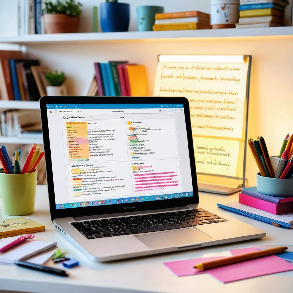 A beautifully organized digital journal interface on a sleek laptop with vibrant notes and colorful icons, surrounded by creative tools like pens, highlighters, and sticky notes. In the background, an inspiring bookshelf filled with books on creativity and productivity, illuminated by warm sunlight. The overall ambiance conveys innovation and resourcefulness. super-realistic. vibrant colors. white background.